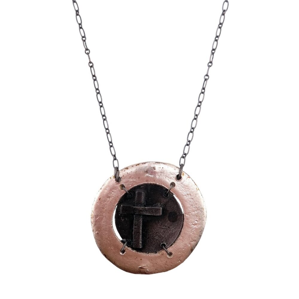 Anju Antiqued Pewter Cross with Shiny Pewter Border Pendant Necklace - NEW